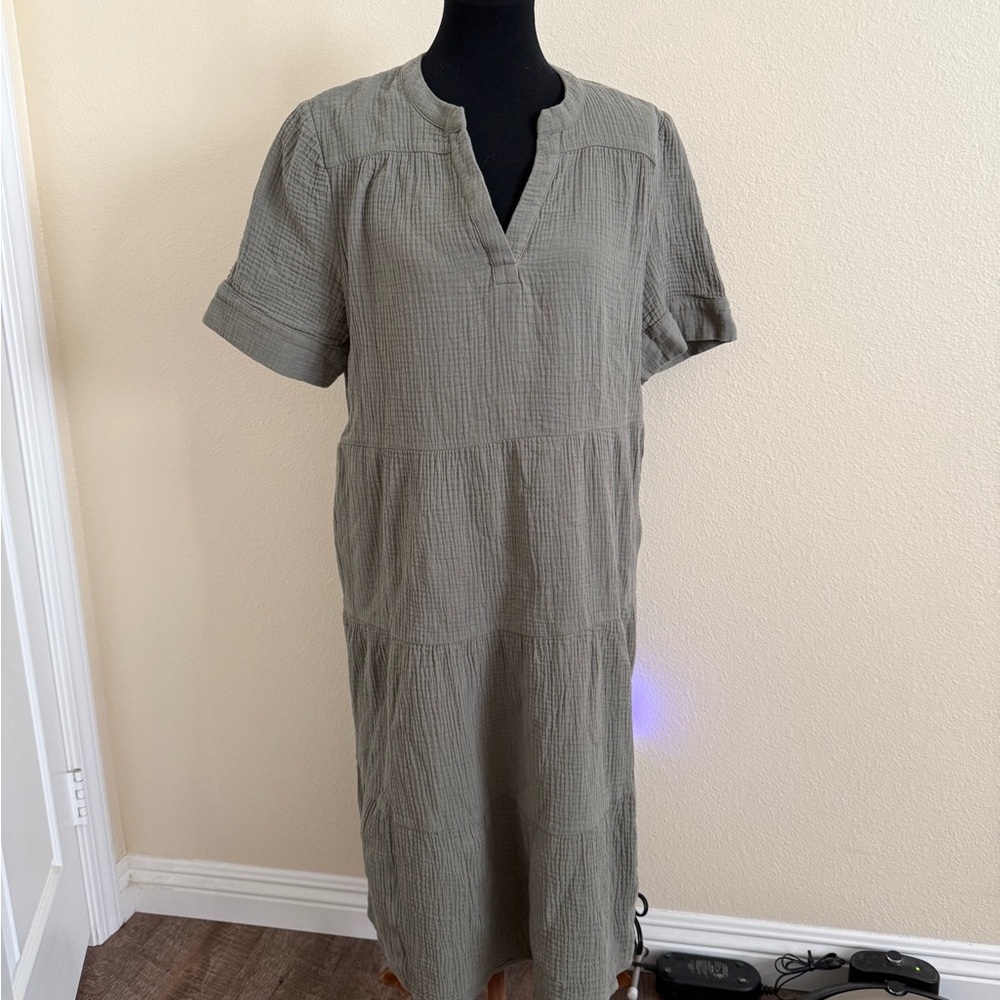 Chico's Textured Olive Dress 100% Cotton Gauze